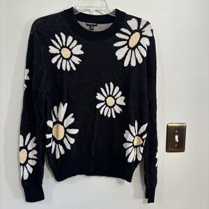 Minnie Rose black daisy sweater cotton/cashmere/silk medium